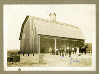 Dedication of the new barn in 1911.  Clcik to enlarge to see an arrow pointing to John Schettek, builder of the barn.